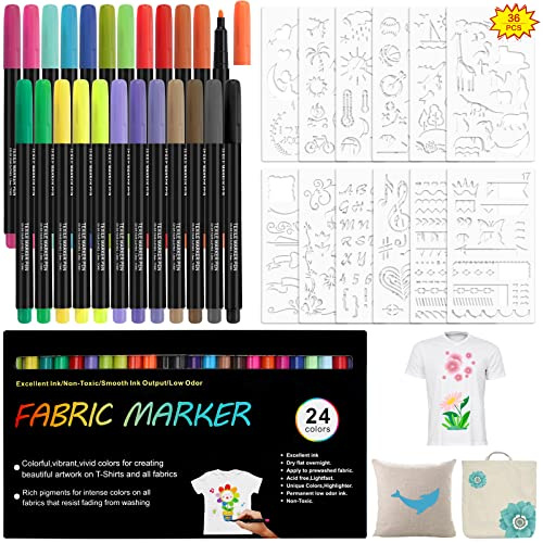 Yuehuabao 24 PCS Permanent Textile Paint Pens with 12 PCS Drawing Stencils, Washable Fabric Drawing Pens Permanent Fabric Markers for White T-Shirt Design Clothes Bag Shoes (24 Colors)