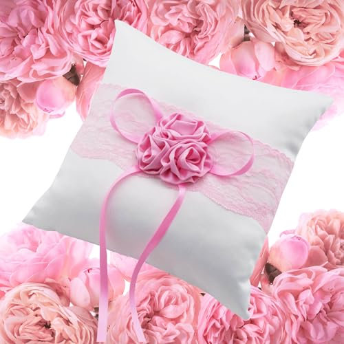 EinsSein Coussin d’Alliance Mariage 20x20 cm Rose et Blanc | Porte-Alliance avec Fleur Dentelle & Ruban Satin | Coussin Anneaux Romantique | Déco Élégante Cérémonie Bohème Chic
