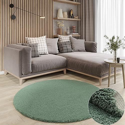 MY-RUG Shaggy Star kuscheliger Langflor Teppich, Rutschhemmende Unterseite, extra Langer Hochflor 37 mm, Pflegeleicht, Super Soft, Felloptik, grün, rund 100 cm