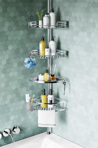 HAMITOR Corner Shower Caddy Tension Pole: Quick Installation 4-Tier Rustproof Bathroom Organizer Shelves for Bathtub Shampoo Storage - 47-121 inch Adjustable Floor Standing Bath Rack Holder - Silver
