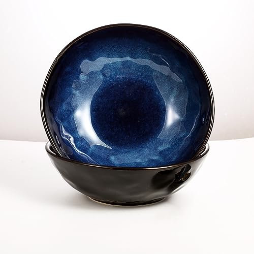 Bidesen Saladier en Porcelaine - Grand Bol à Ramen, Nouilles, Céréales, Dessert, Avoine, Soupe - Assiette à Fruits - Bleu (Lot de 2)