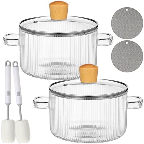 Tioncy 2 Pcs Clear Glass Pots for Cooking on Stove 1.3 L 44 oz Glass Saucepan with Lid Handle Simmer Pot Handmade Cookware Borosilicate Cooking Pot with Brushes and Silicone Mats(Ribbed)