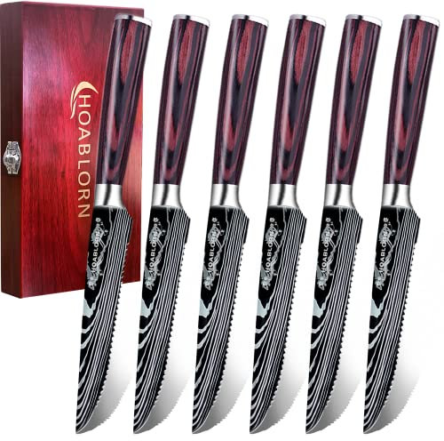 ChefHoablorn Steak Knife Set, No Sharpening Required Dinner Knife, Steak Knives Set of 6 Serrated Steak Knife with Home Chef Gift Box