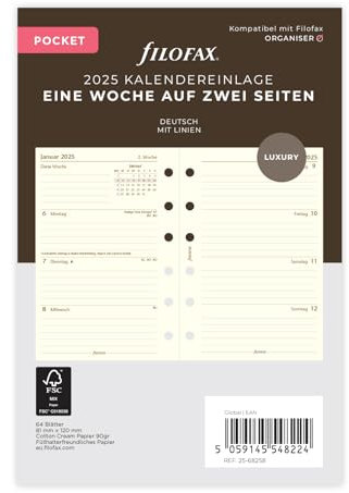 Filofax Pocket 1 Woche auf 2 Seiten cotton cr.(deutsch)2025