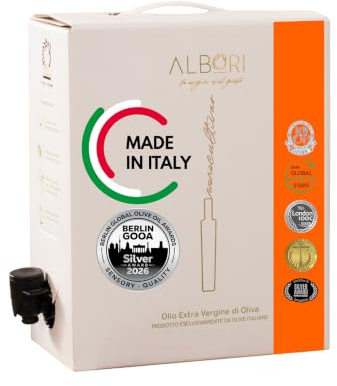 ALBORI Peranzana - Olio Extravergine di Oliva Italiano 5 Litri NUOVO 2025/2026 Estratto Freddo, Olio di Oliva 100% Olive Monocultivar, Deciso per Pesce, Carne e Verdura in Box con Versatore Antispreco