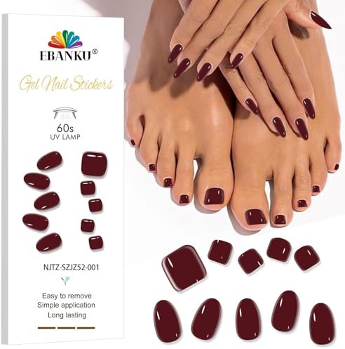 EBANKU UV Gel Nagelfolie, 24PCS Dunkel Rot Nagelfolie Selbstklebend | Gel UV Stickers | 28PCS Pedi UV Gel Strips Nagelaufkleber Härtend mit Nagelfeile und Stick fur Frauen Mädchen Nageldekoration