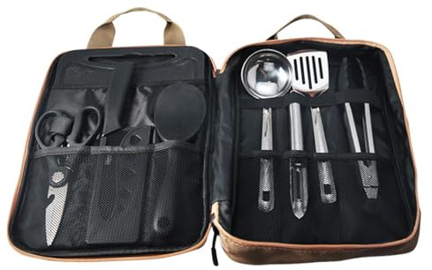 Decorhome Juego de utensilios de cocina, bolsa para utensilios de camping, juego de utensilios de cocina de 8 piezas - Juego compacto de utensilios de cocina de metal con bolsa de almacenamiento,