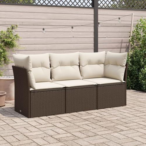 Faroom Sofá Jardín de Ratán 3 Plazas, Muebles Exterior de Terraza Con Cojines Acolchados, Sofá Jardin Exterior Marrón