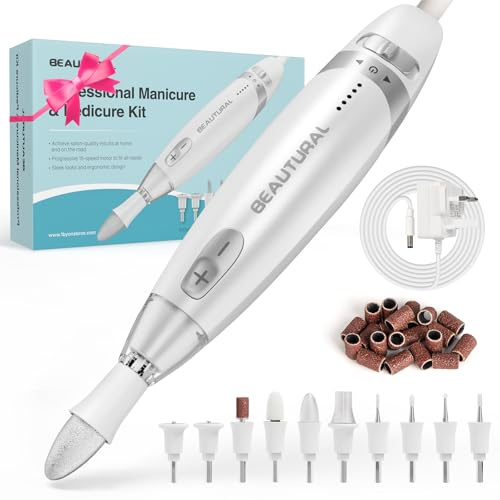 BEAUTURAL Electric Manicure, Nail Drill Kit, Electric Nail File Set Machine with 10 Attachments & 20 Sanding Bands, Efile Manicure Pedicure Tools with Storage Case, LED Light