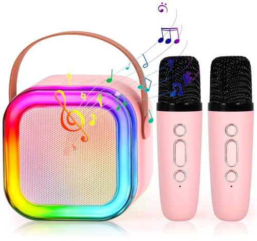 Karaoke Niños con 2 Microfonos Inalambricos, Karaoke Infantil Micrófonos Inalámbricos Altavoz Bluetooth Portátil con Efectos de Cambio de Voz y Luces LED, para Niñas 3-12 Años Regalos