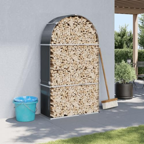 KOIECETA Kaminholzunterstand Kaminholzregal mit viel Stauraum Feuerfest Brennholzregal mit Haken Garten Holzlager Unterstand Anthrazit 120x45x210 Verzinkter Stahl