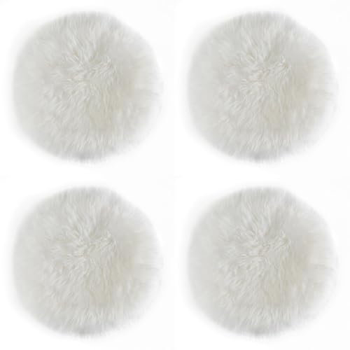 -LUXOR- living Sitzkissen Stuhl Echtfell, Flauschige Sitzauflage, Stuhlkissen, Lammfell Sitzkissen, Fell für Stühle, rund 34 cm Weiß, 4 Kissen