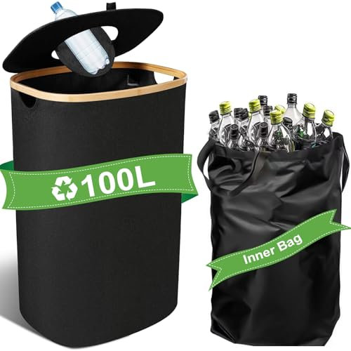 PTHTECHUS Contenitore per bottiglie per piano, 100 l, contenitore vuoto & vecchio vetro, raccoglitore per bottiglie con foro, per cucina, ripostiglio, colore nero