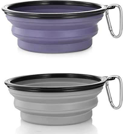 SLSON 2 Pièces Bol à Chien Pliant Bol en Silicone Pliables,Gamelles de Voyage pour Chien et Chat Bols de Voyage Pliables en Silicone (Gris et Violet, Grand)