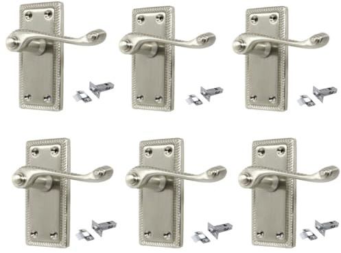 Epsom Door Handle Georgian Style Scroll Lever Set Satin Nickel Finish Includes Tubular Mechanism for Interior Use Pack of Six