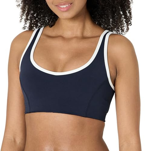 Amazon Essentials Soutien-Gorge de Sport Active FormFlex à Col en V et Bordure Contrastante, Ultra Doux, Soutien Léger Femme, Blanc/Bleu Marine, XL