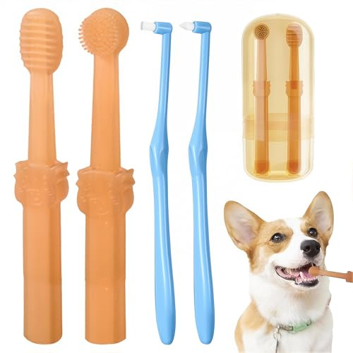 RTRTGS 4 cepillos de dientes pequeños para perros y gatos, cepillo de silicona suave de 360 grados para mascotas, cuidado dental, limpieza dientes perro, higiene bucal, limpieza profunda de dientes