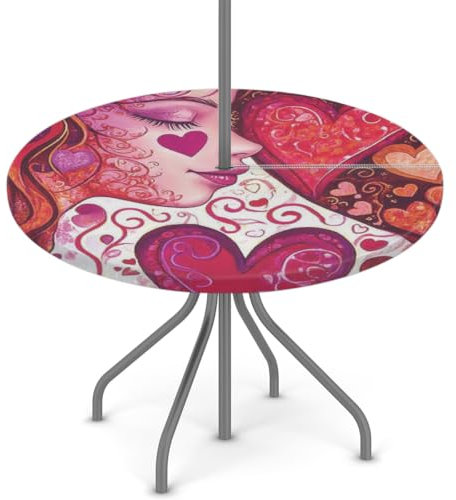 Woltant Nappe ronde avec trou de parasol et fermeture éclair facile à nettoyer avec bords élastiques - Protection de table d'extérieur pour jardin, terrasse, barbecue - Motif cœur de fille
