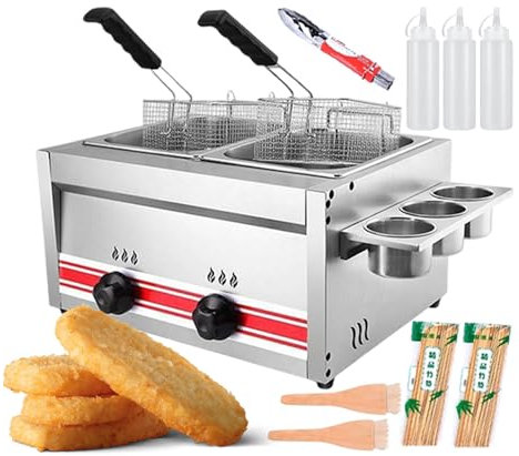 SFNIOKFG Commercial Gas Fryer, Traditional Deep Fat Fryer With Removable Inner Pot And Condiment Rack, Food Grade Stainless Steel Fat Fryer With Sauce Bottles,20L