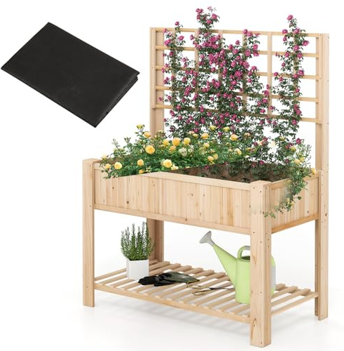 RELAX4LIFE Fioriera da Esterno, Orto Rialzato da Esterno in Legno di Abete con Grigliato e Ripiano, 4 Fori di Drenaggio, Vasi per Piante Rampicanti, Fiori e Orto, per Balcone, 116x59x150cm (Naturale)