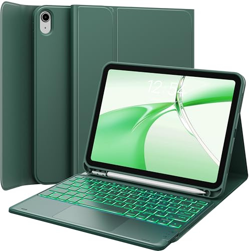 CHESONA Hülle mit Tastatur für iPad 11 Gen(A16, 2025)/iPad 10 Gen(2022) | 7 Farben Beleuchtung, Multi Touch Trackpad, 2 Bluetooth Kanäle, QWERTZ, Dunkelgrün