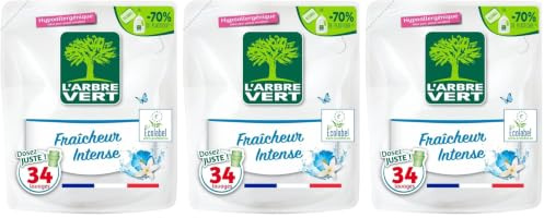 L'Arbre Vert Recharge Lessive Ecolabel Fraîcheur intense - Hypoallergénique - 34 Lavages - 94% d'ingrédients d'origine naturelle - 1,53L (Lot de 3)