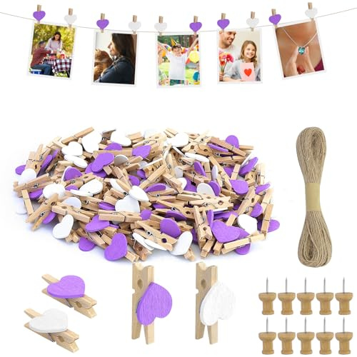 CARANNACLTD 120 Pezzi Mini Mollette di Legno Mollettine Decorative per Foto Matrimonio Artigianato con 20M Spago di Iuta (Bianco E Viola)