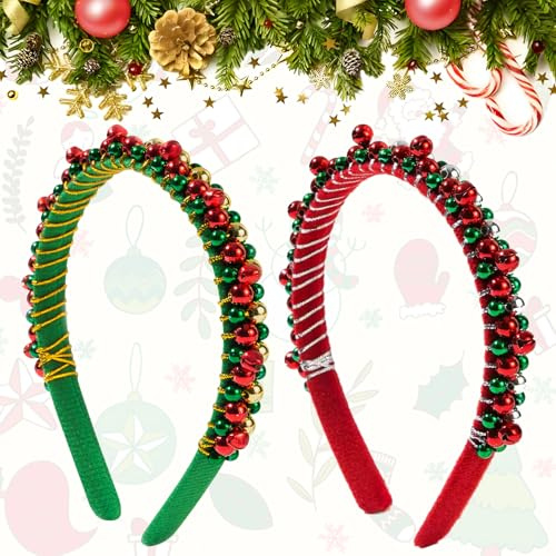 CHAOTEMAI 2 Stück Haarreif Weihnachten mit Glöckchen Weihnachtshaarreifen Erwachsene Rot und Grün Weihnachts Kopfschmuck für Rollenspiele Kinder Damen Geburtstagsfeiern Hochzeiten Maskenbälle