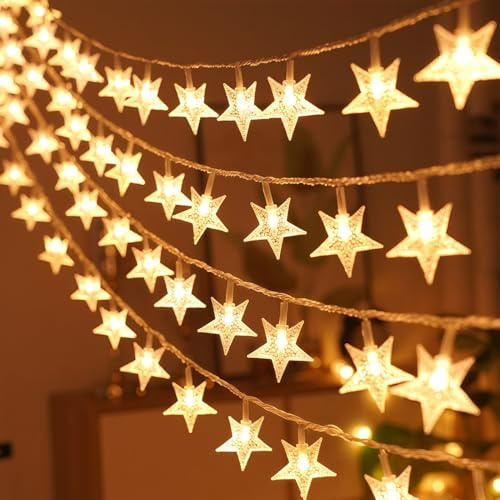 Drawelry LED Stern Lichterkette mit USB/Stecker, 8 Modi Beleuchtung Warmweiß Glühbirne Schnurlicht Nachtlicht Dekoration für Außen Innen Zuhause Büro Garten Fenster Weihnachts Deko (Sterne)