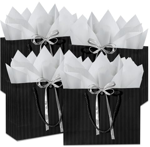 4 stycken svarta presentpåsar 28 x 20 x 10 cm papperspåsar svart från papper med handtag med 8 sidenpapper, 4 gratulationskort och 4 satinband för födelsedag, bröllop, alla hjärtans dag, fest, jul