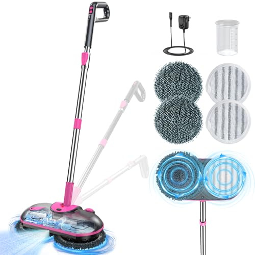 ScrubWiz Trapeador eléctrico inalámbrico, mopa giratoria eléctrica con spray de agua, potente limpiador de pisos, limpieza y cera súper silenciosa, color blanco medio