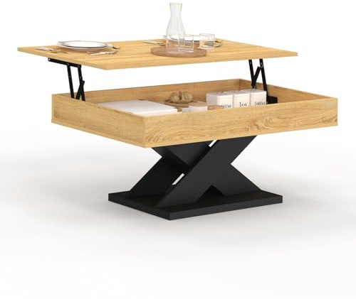 IDMarket - Mesa baja rectangular Alicia con bandeja abatible de madera y pata negra