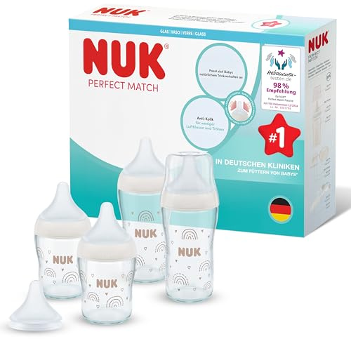 NUK Perfect Match glasbarnflaskor set | 0+ månader | 120ml & 230ml | Anti-kolik matningsflaska | Temperaturkontrollindikator | Regnbåge | 4 stycken