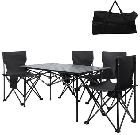 Tavolo da campeggio pieghevole portatile con 4 sedie, tavolo da pranzo leggero e sedie, ideale per barbecue, picnic, feste in giardino, include borsa per il trasporto, nero
