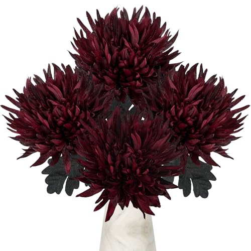 6'' Large Artificial Chrysanthemum Flowers Silk Flower with 65cm Long Stem | 4pcs Dark Red Faux Spider Mums Flower for Flora Arrangement Spring Summer Decor Home Living Room Table Centrepiece