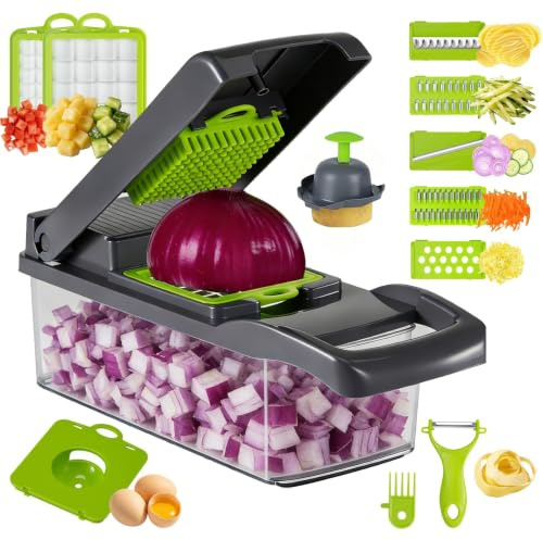 15-in-1 Vegetable Chopper, Kitchen Gadgets with 8 Blades, Food,Veggie, Onion Chopper, Cucumber Slicer, Versatile Mandoline, Includes Egg Separator & Vegetable Peeler, Gray