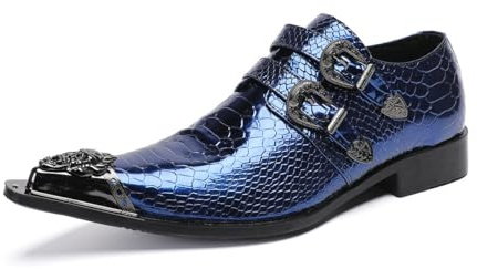 Yhsdfcn Bröllops- och Marskalkskor, Oxford Affärsskor i Handgjort Läder med Dubbla Spännen, Lyxiga Skor med Metalltå,Blue,44 EU