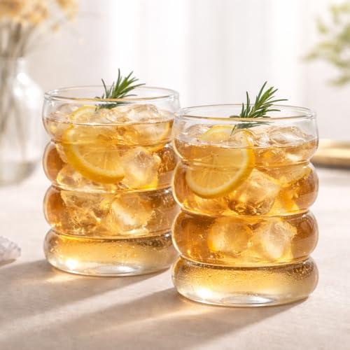 Generisch 2 Stück Gerippte Trinkgläser,300 ml Bubble Gläser, Latte Macchiato, Iced Coffee, Wassergläser,Matcha Glas, gerippte Eiskaffee Gläser für Cocktails Whiskey Tee Soda Kaffee