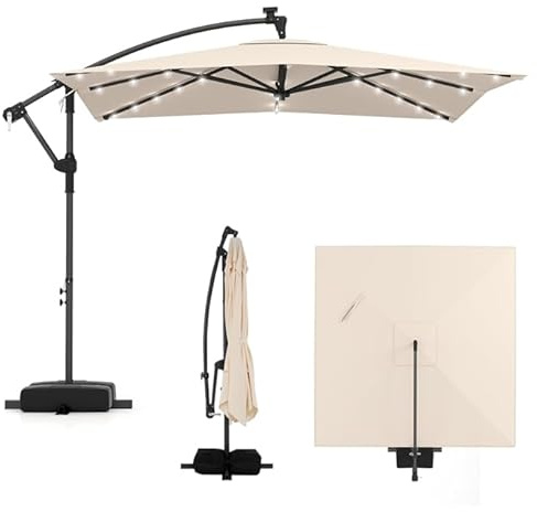 COSTWAY Parasol Déporté 2,5 x 2,5 m, 32 LED Solaire, Parasol de Jardin Extérieur Carré Rotation à 360°, Anti-UV, Manivelle, 8 Baleines, 2 Sacs de Sable, pour Balcon Jardin Terrasse (Beige)