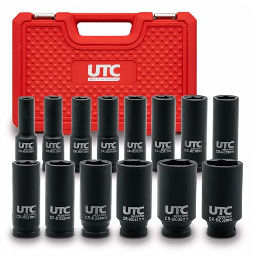 UTC Impact Deep Socket Set 1/2in Drive 14pc 10 12 13 14 15 17 18 19 21 22 24 27 30 32mm 6 Point 78mm Length Air Tool High Torque Automotive Professional Workshop Use 810012-UTC