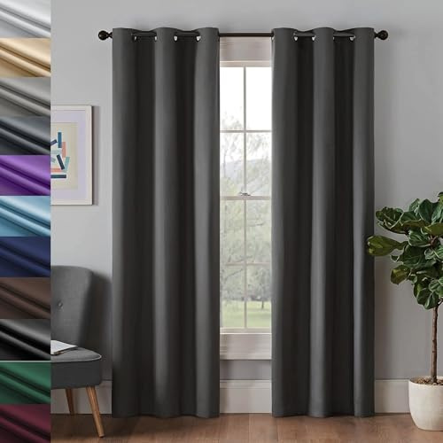 Rideau Occultant 2 Pièces 145 x 245cm Rideau Thermique Isolant Anti Froid Et Chaleur, Rideaux Anti Bruit, Rideau Occultant avec Œillets, pour Chambre Maison Salon Intérieurs, Gris Foncé