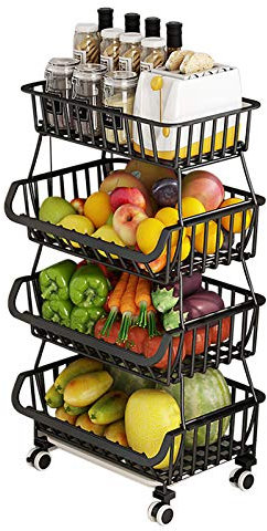 BRIAN & DANY 4-stufiger Metalldrahtkorb mit Rädern, Stapelbarer Obstkorbständer mit Abschließbaren Rollen und 5 S-Haken für Küche, Speisekammer, Badezimmer, Garage
