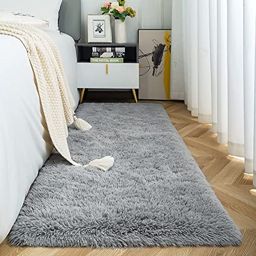 ISEAU Fluffy Runner Rug for Dorm, College, Apartment, Bedroom Plush Area Rugs, Shag Carpet with Rubber Backing Non Slip, Comfy Nursery Mat Bedside Rug for Kids Boys Room Home Decor, 2ft x 6ft, Grey