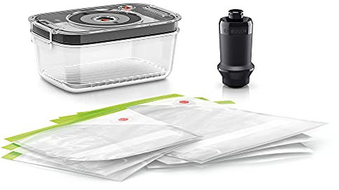 Bosch Vakuum-Frischhalteset MSZV6FSG1, Vakuumpumpe, 1,2l Vakuum-Glasbehälter, Vakuum-Zipperbeutel (je 3x 1,2 l and 3,8 l), Temperaturbeständiges Borosilikatglas, BPA-frei, spülmaschinengeeignet
