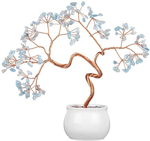 Nupuyai Aquamarine Kristall Baum Feng Shui Edelstein Baum mit Keramische Basis, Glücksbaum, Geldbaum Geschenk, Hochzeit Deko für viel Glück 8-9,5 Zoll
