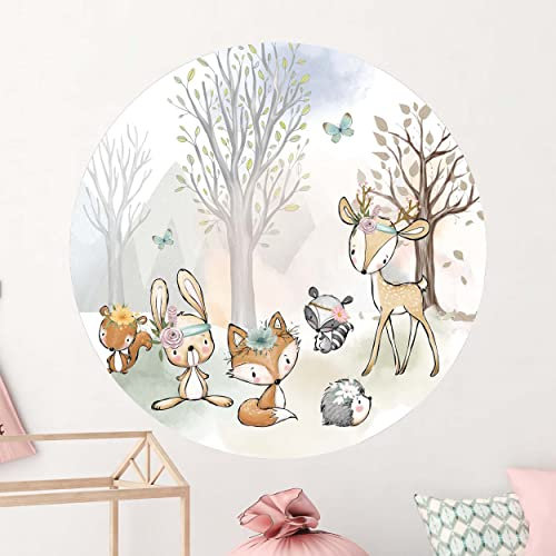 WANDKIND Rundes Wandtattoo Waldtiere Kinderzimmer Deko V354 | handgezeichnet | AUFKLEBER Kindergarten | Wandsticker Woodland mit Fuchs Waschbär Hase (120 x 120 cm)