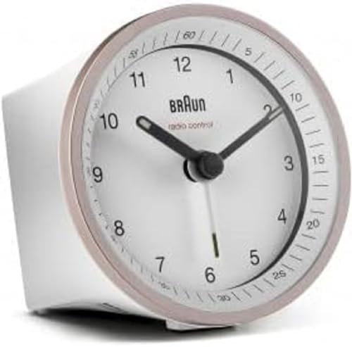 Braun Funkwecker in der Farbe weiß-rosa mit Crescendo-Alarm, Schlummerfunktion und Beleuchtung, BC07PW-DCF