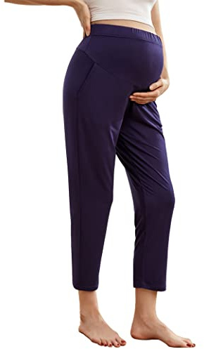 COLOMI Casual graviditetsbyxor dam mammaleggings mammamode byxor bekväma stretch sweatpants, marinblå, XXL