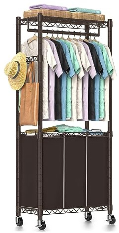 Hodonas 3-Section Laundry Sorter With Hanging Bar, Rolling Hamper Cart, Basket Organizer, Hanging Rack, Lockable Wheels and Removable Bags for Clothes Storage, Espresso