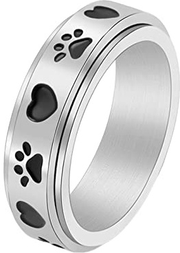 KnBoB Silber Ringe, 6MM Edelstahl Ring für Damen Herz Pfote Spinner Angst Ring Größe 67 (21.3)